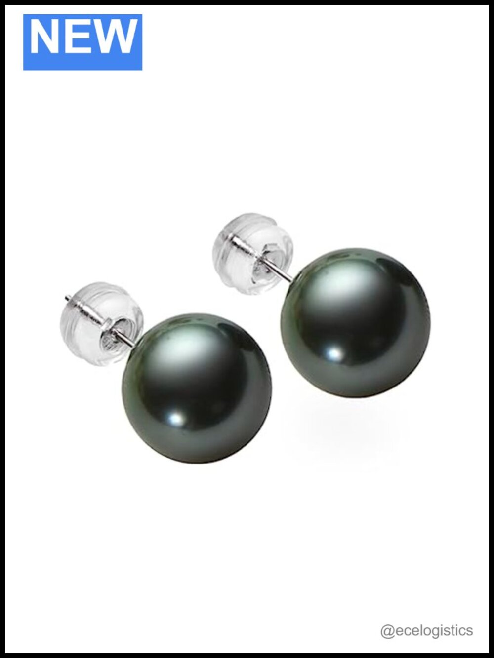 18K White Gold Tahitian Black Pearl Stud Earrings 8-9mm Hypoallergenic